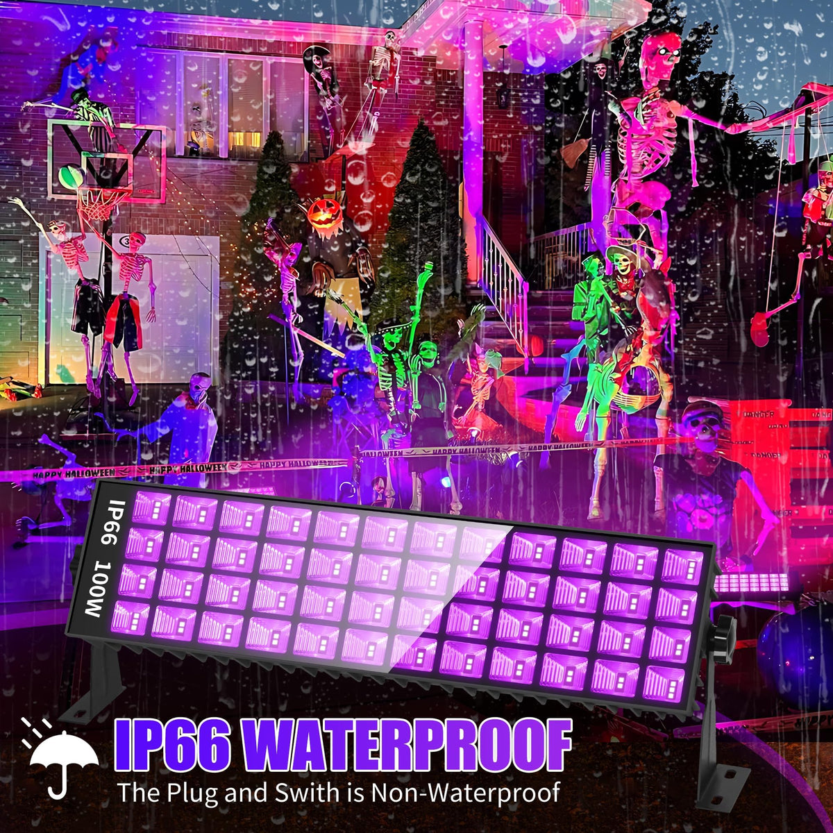 SHGPODA 100W black light bar in use during a glow party with neon posters