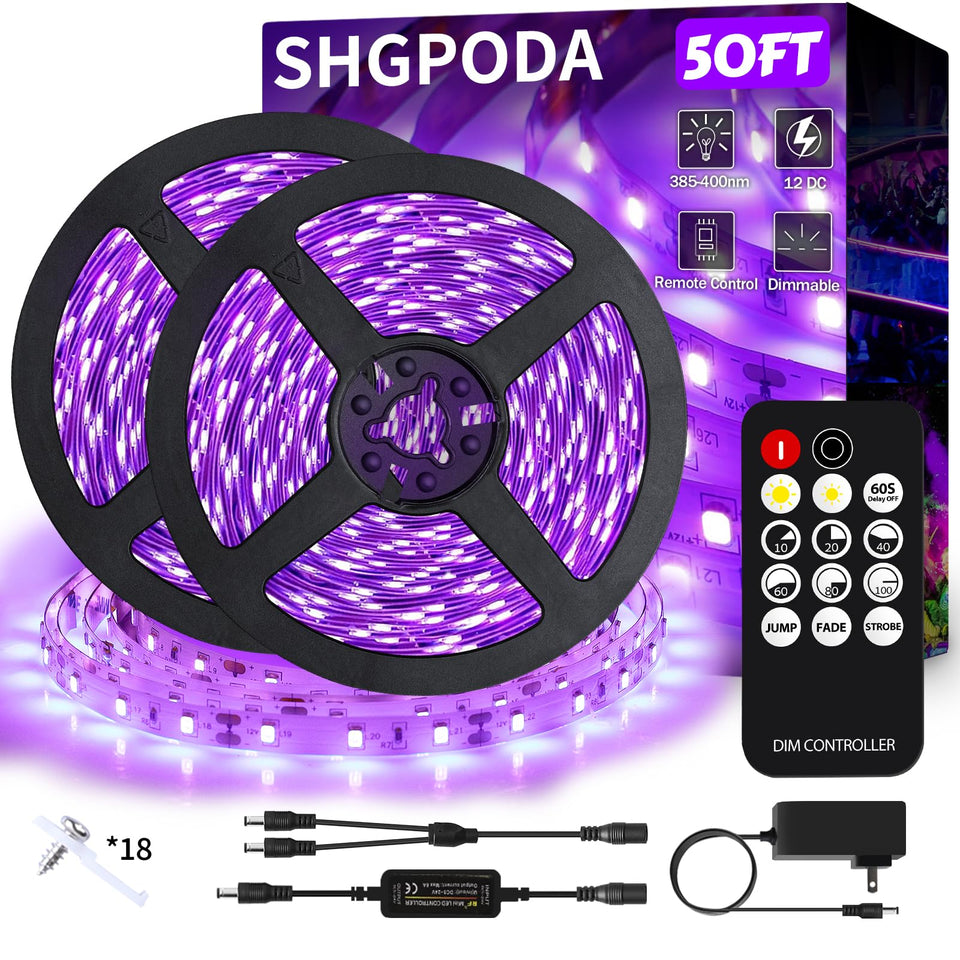 SHGPODA 50ft blacklight strip with remote for vibrant UV glow and easy control.