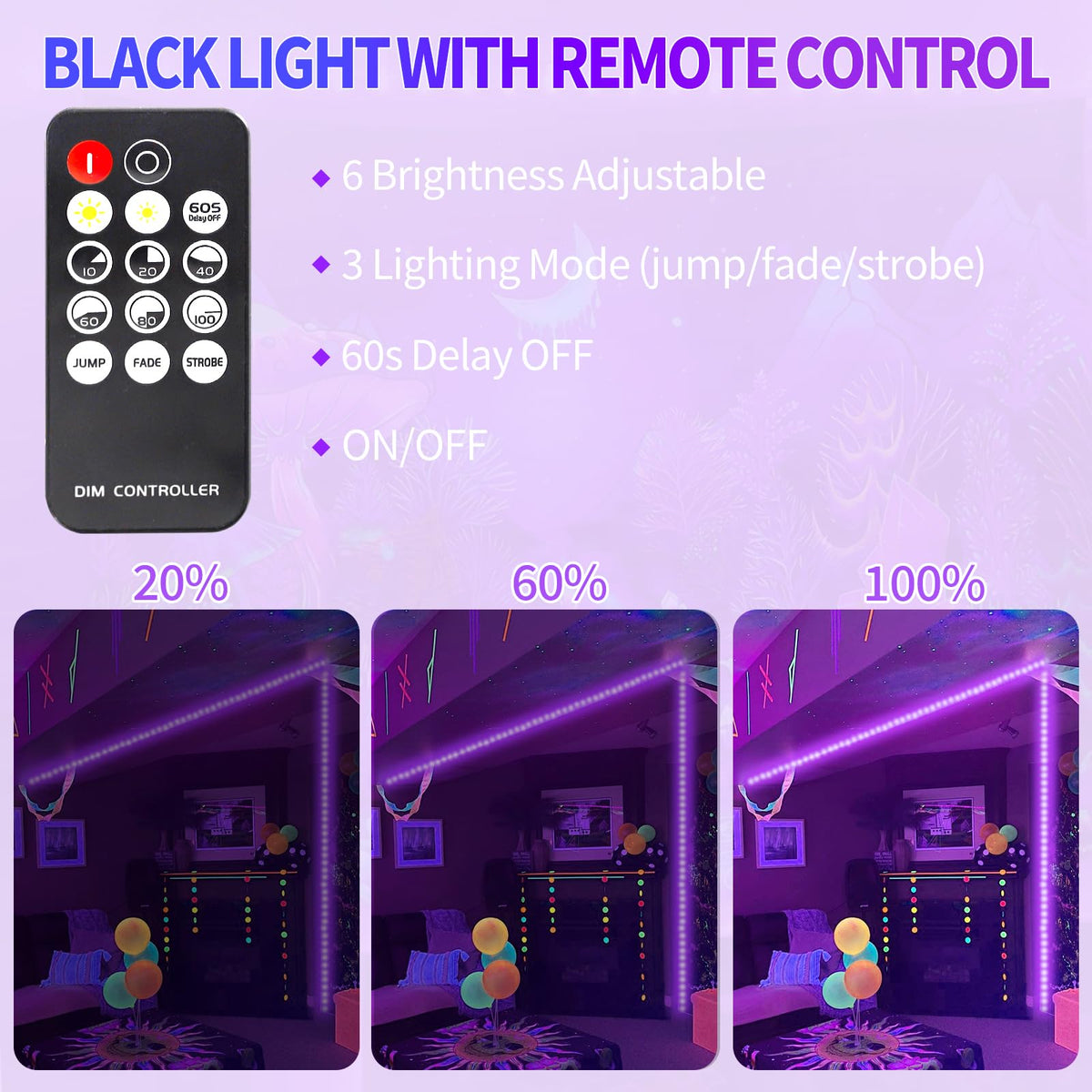 SHGPODA dimmable UV strip offers adjustable brightness for mood lighting.