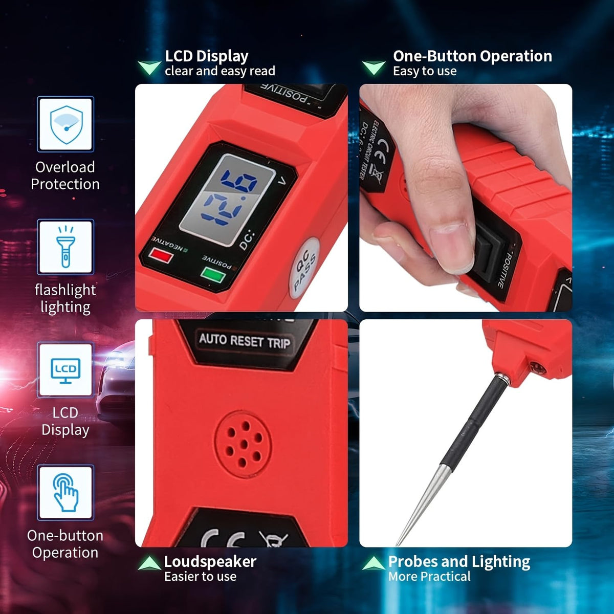 SHIELDIX all-in-one automotive tester checks voltage, continuity, and more.