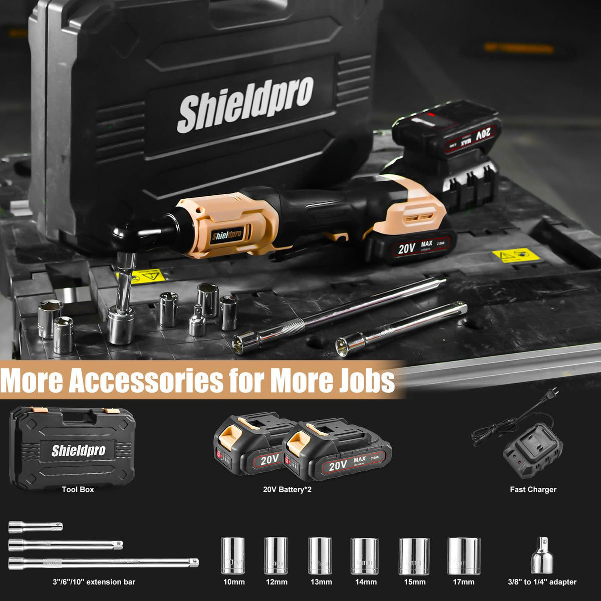 ShieldPro 20V ratchet wrench LED light brightens dark fastener area