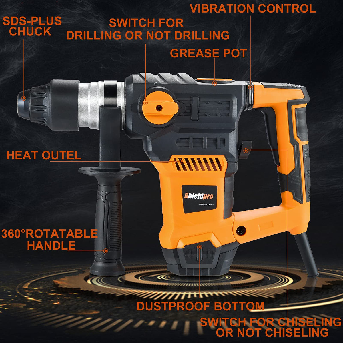 SHIELDPRO three-function mode switch enables hammering, drilling, or chiseling.