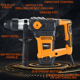 SHIELDPRO three-function mode switch enables hammering, drilling, or chiseling.
