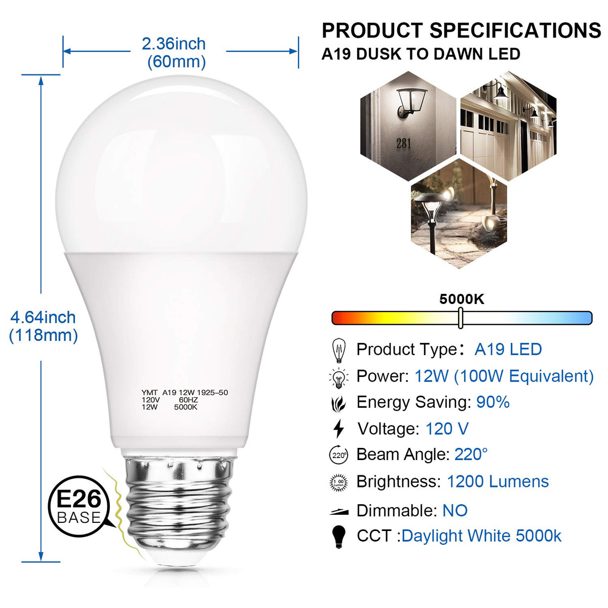 SHINE HAI A19 LED 1200lm bulb for bright, even outdoor lighting