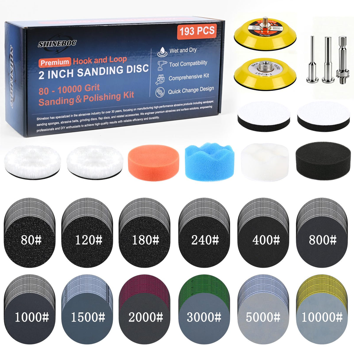 Shineboc 193Pcs 2in sanding disc set, ideal for auto, metal, and wood finishing.