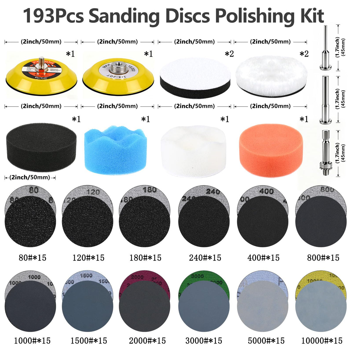 Shineboc 2in discs span grit range 80 to 10000 for versatile refinishing.