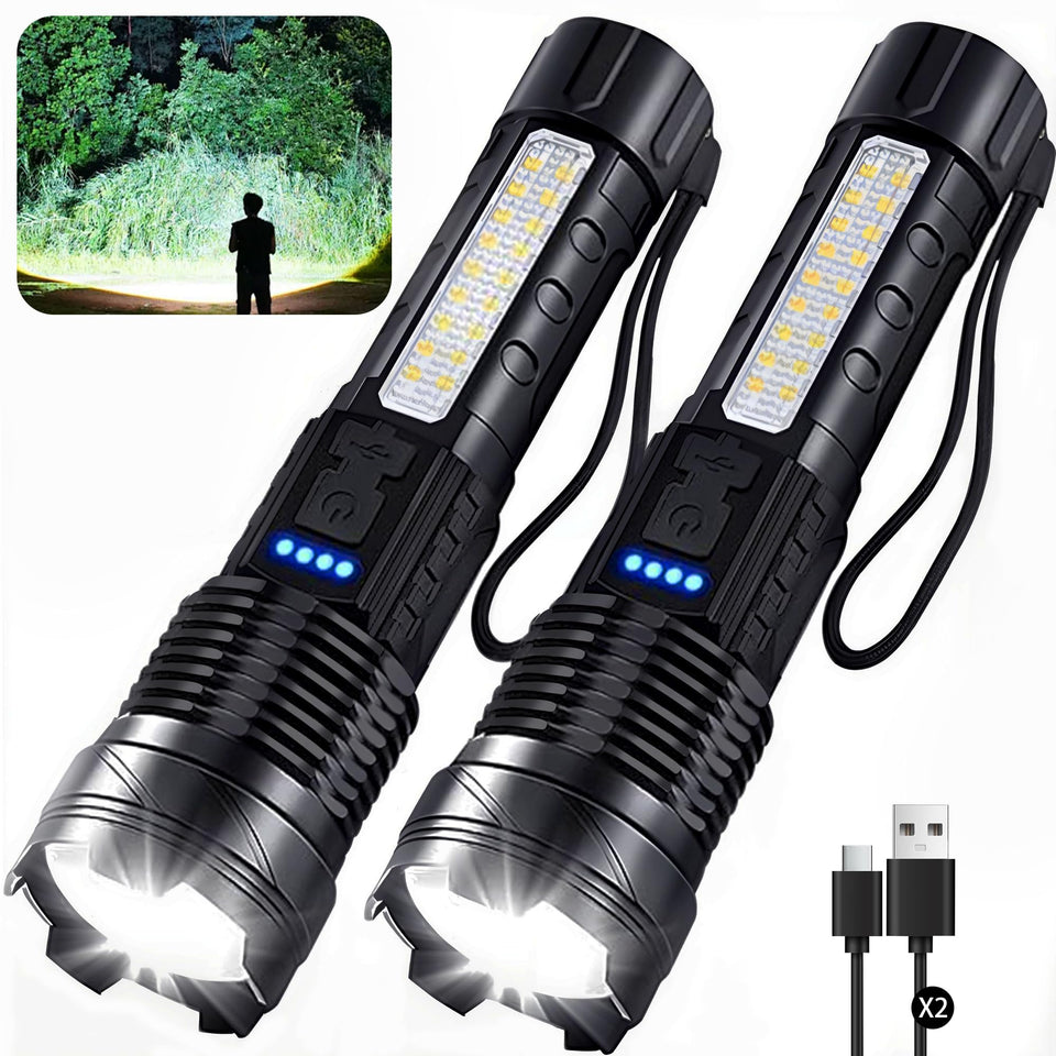 ShineRover rechargeable flashlight front view with bright beam for wide-area tasks.
