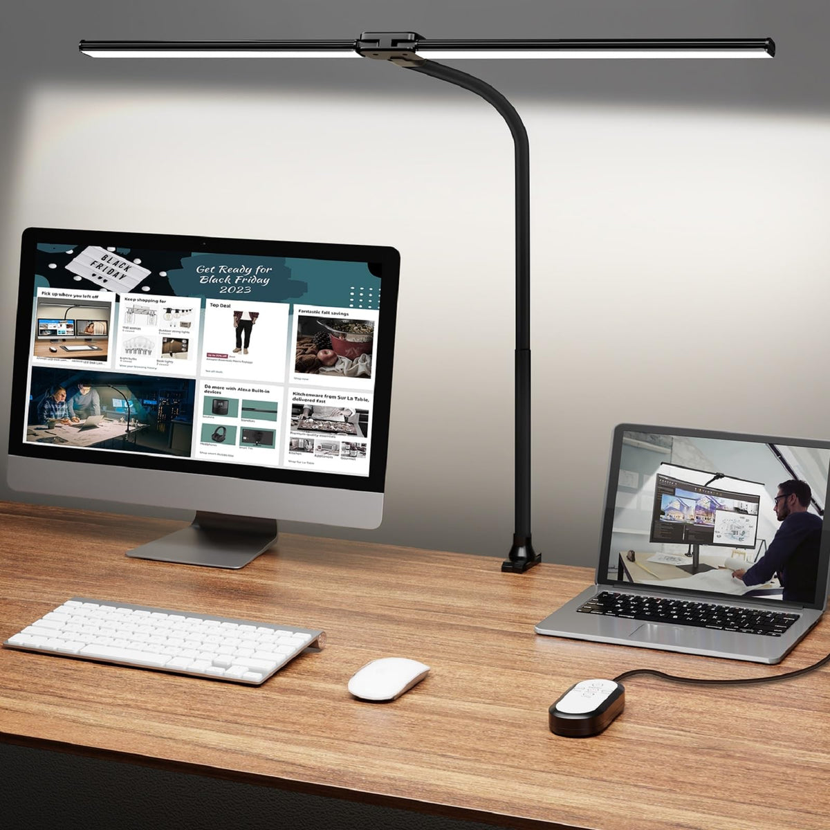 ShineTech LED desk lamp with 31.5-inch double head for wide, even desk illumination.