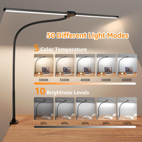 ShineTech clamp-mounted lamp secures on thick desks with surface protection.