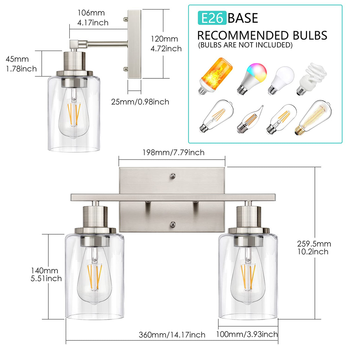 ShineTech vanity light side angle shows clear glass shades and even glow