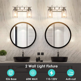 ShineTech brushed nickel fixture with glass shades enhances bathroom aesthetics