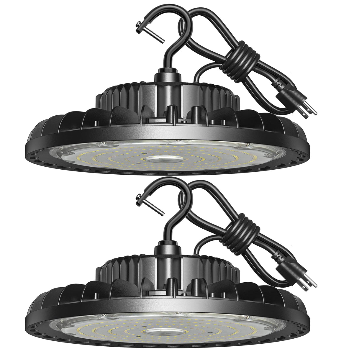SHINEWOO LED high bay light front view shows 150W brightness for warehouses.