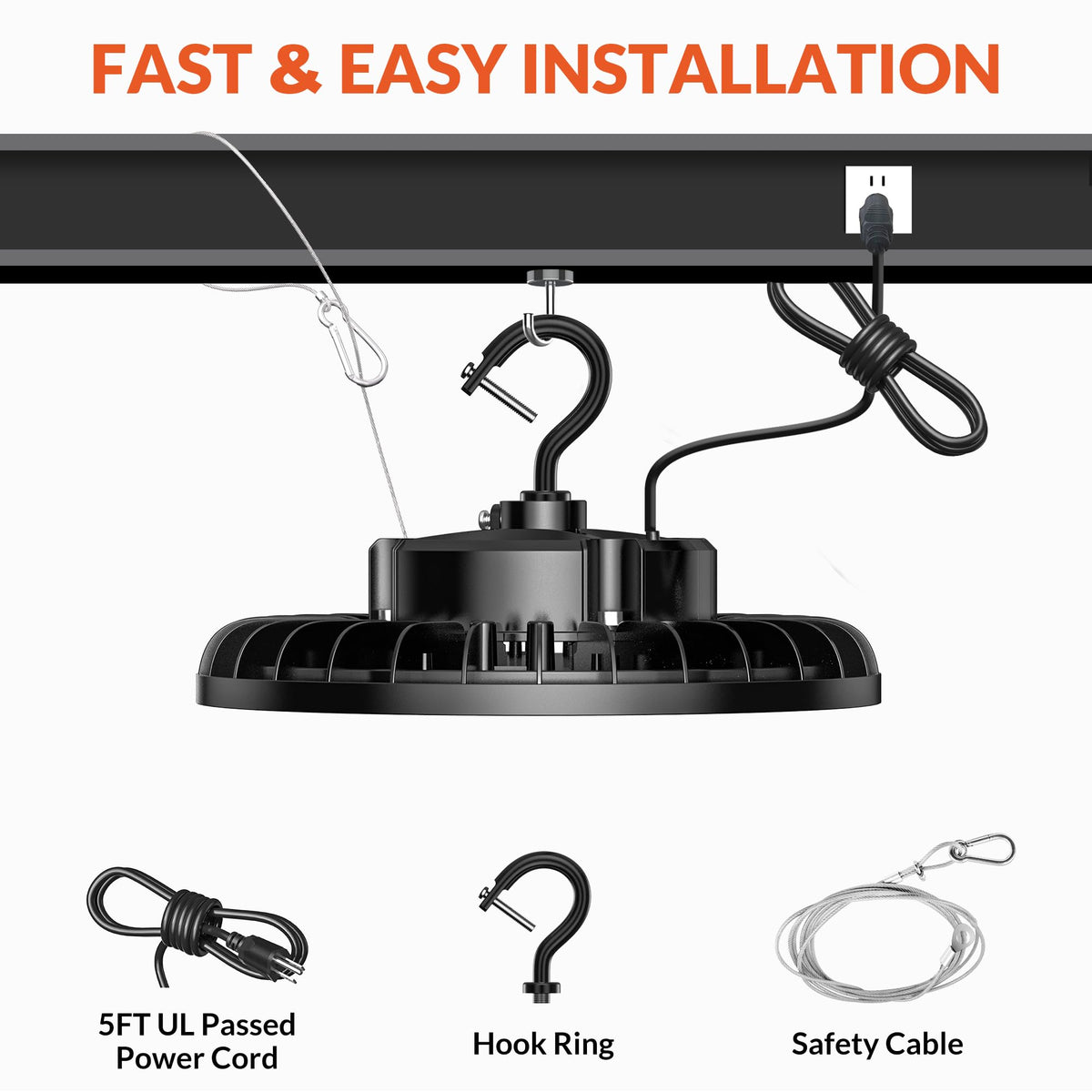 SHINEWOO LED high bay light safety rope included for safer mounting.
