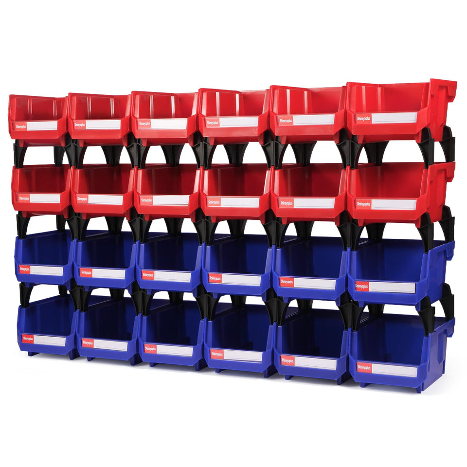 Shineyaplus stackable bin front view for compact small parts organization.
