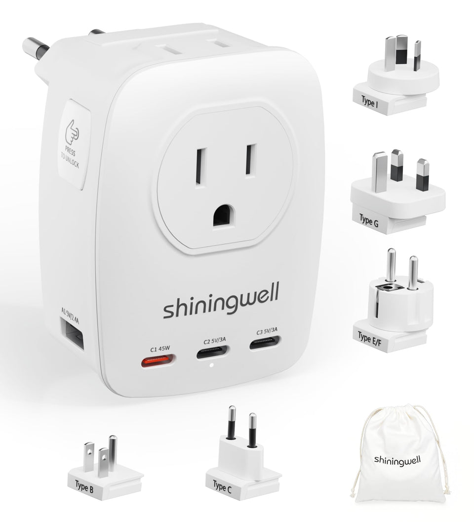 Shiningwell 45W GaN travel adapter front view for all-in-one charging on the go