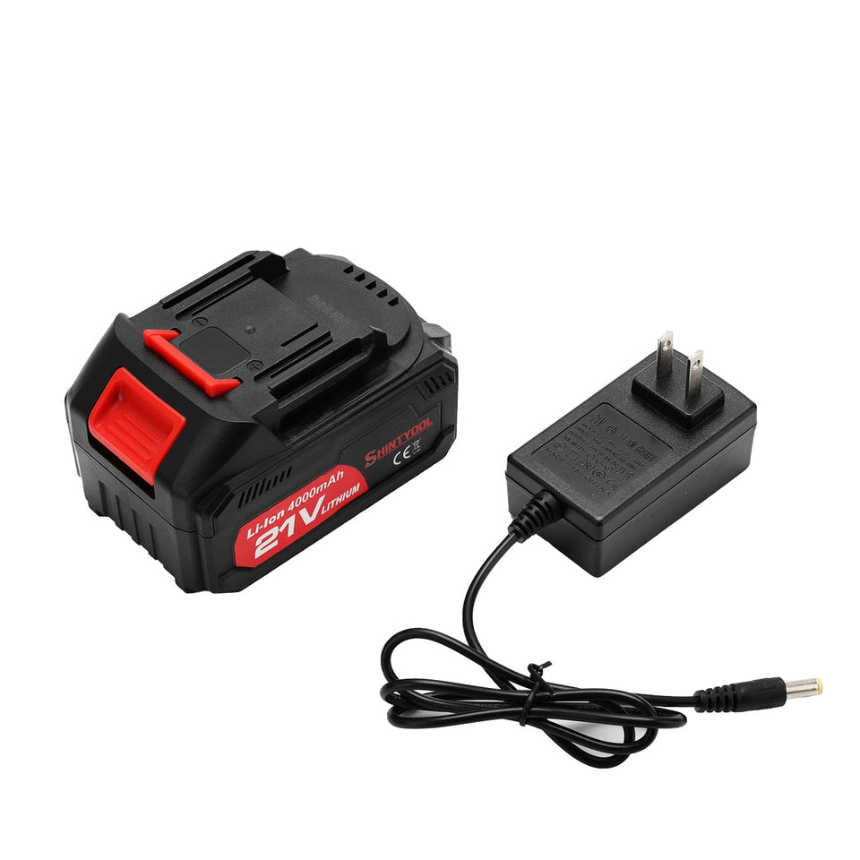 SHINTYOOL 21V battery close-up shows compact 4Ah capacity for tools