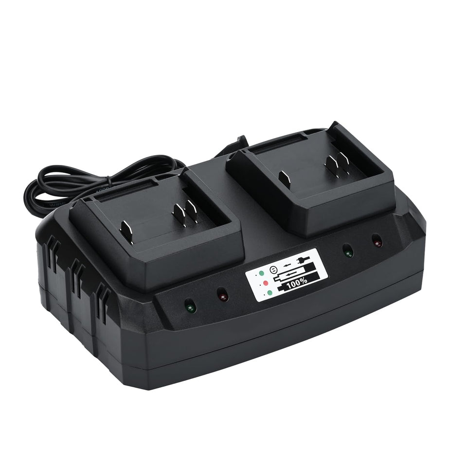 SHINTYOOL 21V dual-port charger front view with dual LEDs indicating status