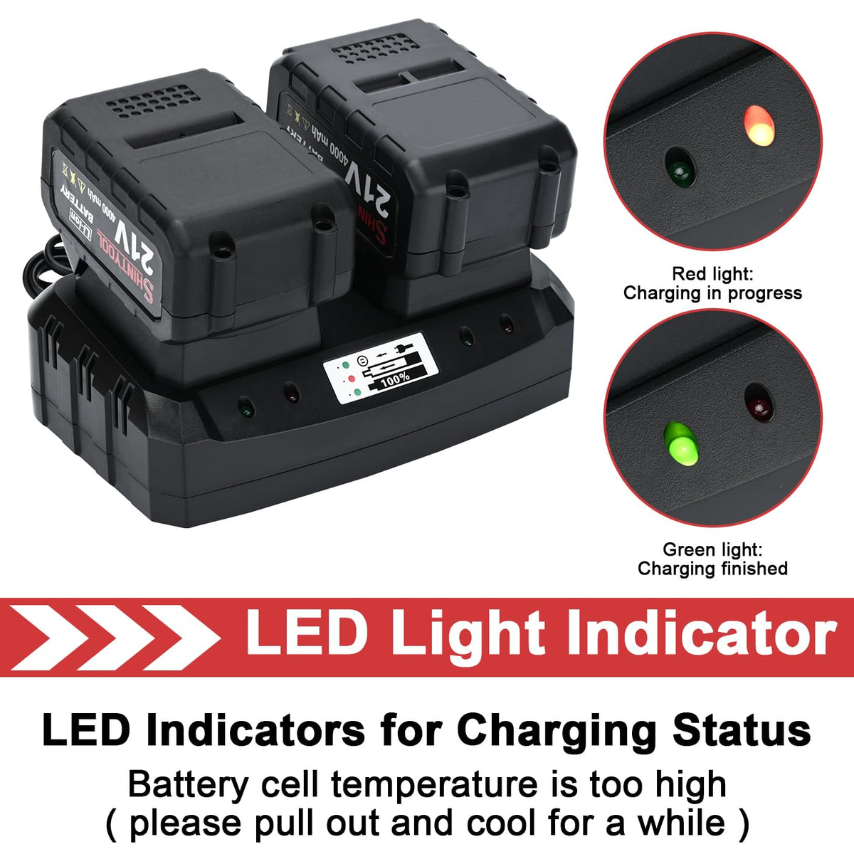 SHINTYOOL dual-port charger powering two batteries simultaneously