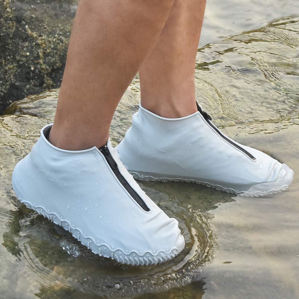 Shiwely silicone shoe cover worn over shoes offers durable, reusable rain protection.