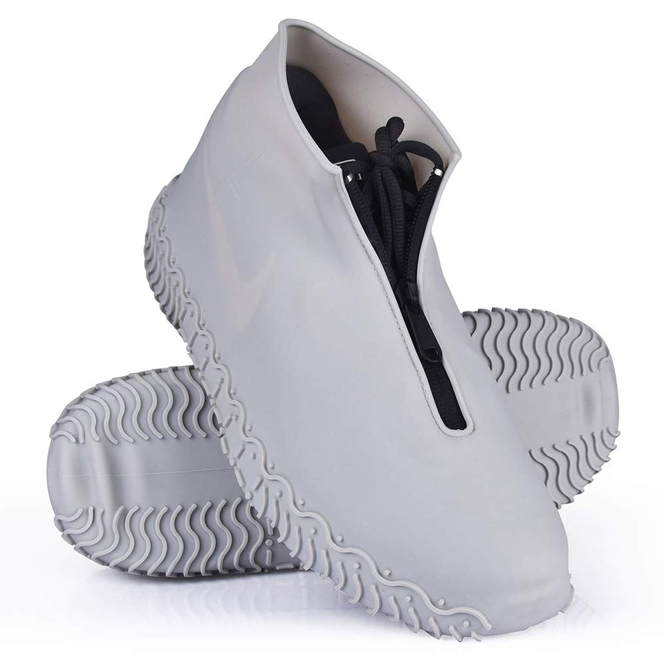 Shiwely waterproof shoe cover with zipper close-up for easy on-off in wet weather.