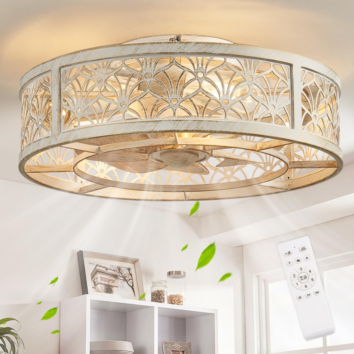 Shluce 18-inch caged ceiling fan with light enhances bedroom comfort with quiet airflow.