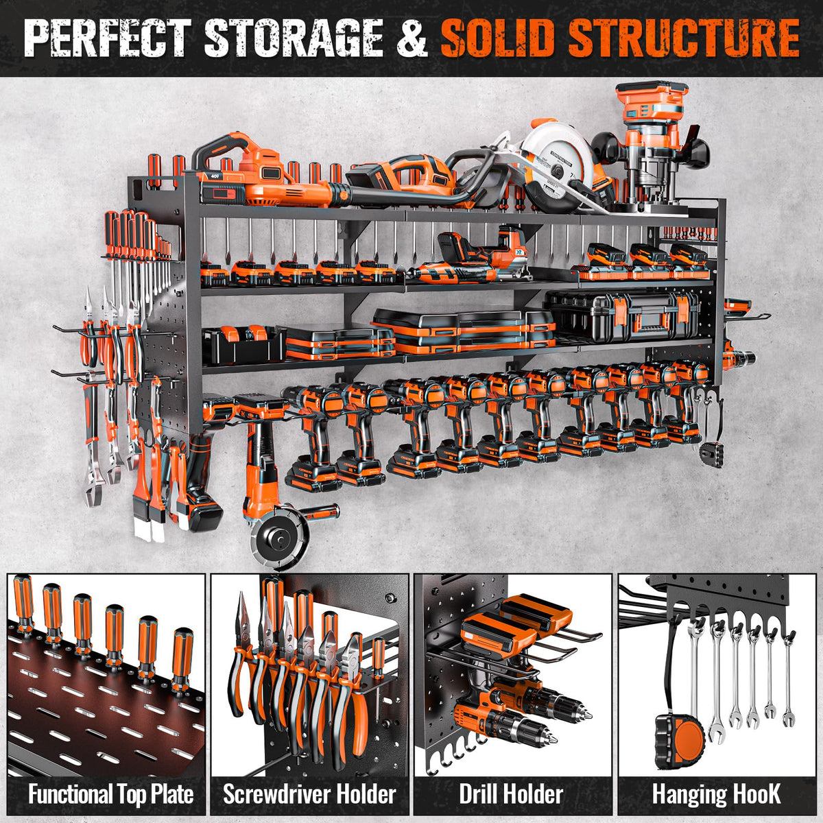 Shomextol 14 cordless drill holders keep batteries and drills neatly organized.