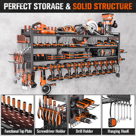 Shomextol 14 cordless drill holders keep batteries and drills neatly organized.