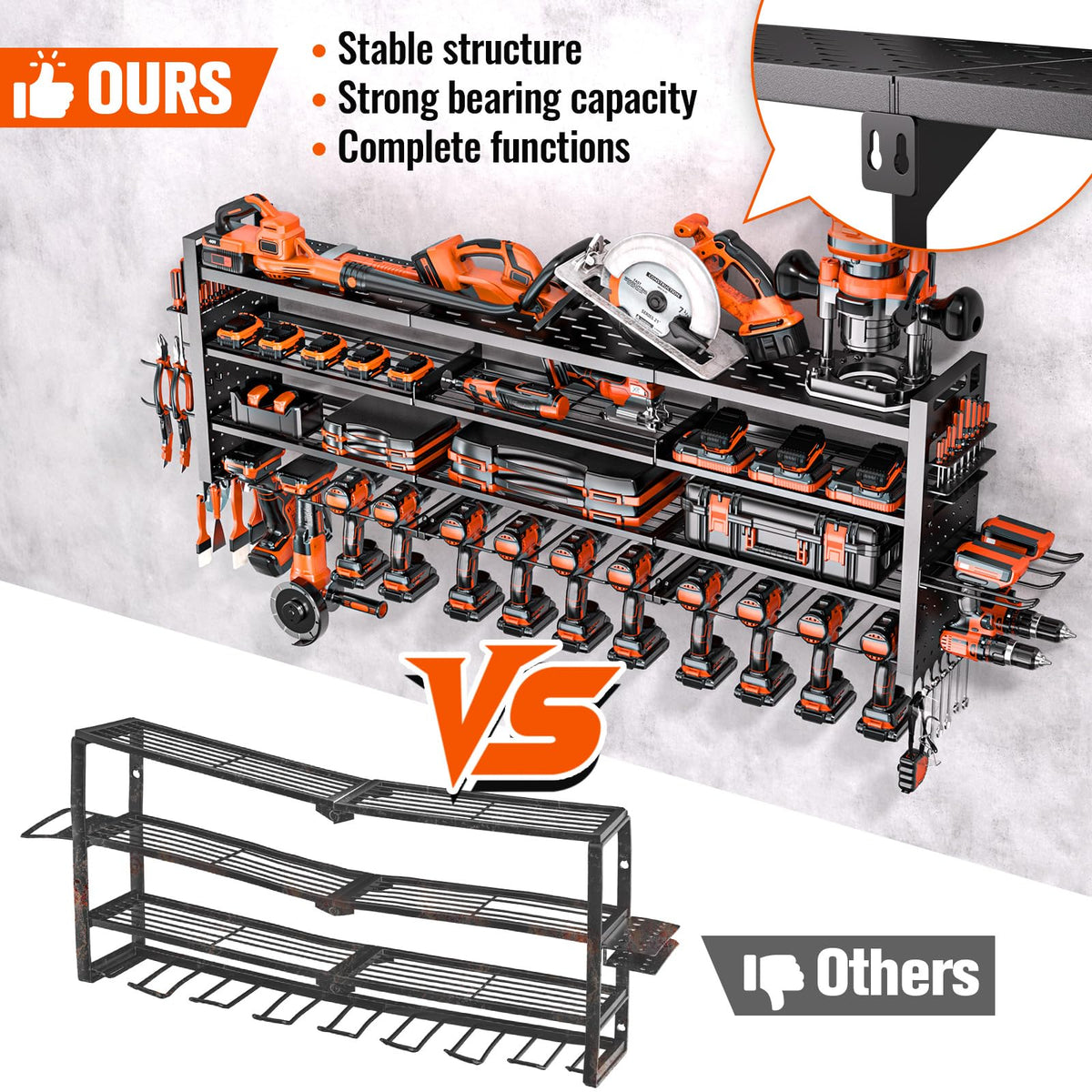 Shomextol 4-layer tool rack assembly view highlights versatile organization options.