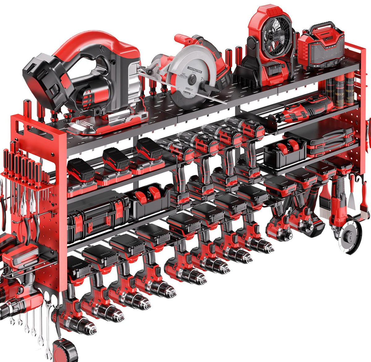 Shomextol 49.8-inch wall mount tool organizer with 4 layers stores bulky tools neatly and keeps workspace tidy.