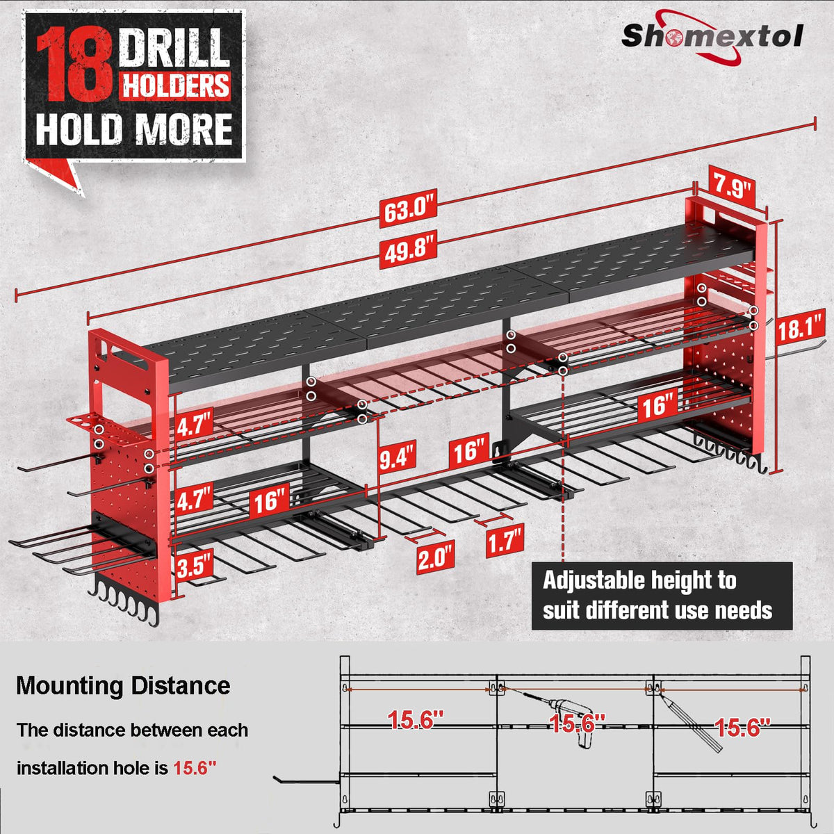Shomextol heavy-duty steel frame demonstrates rugged durability for long-lasting garage organization.