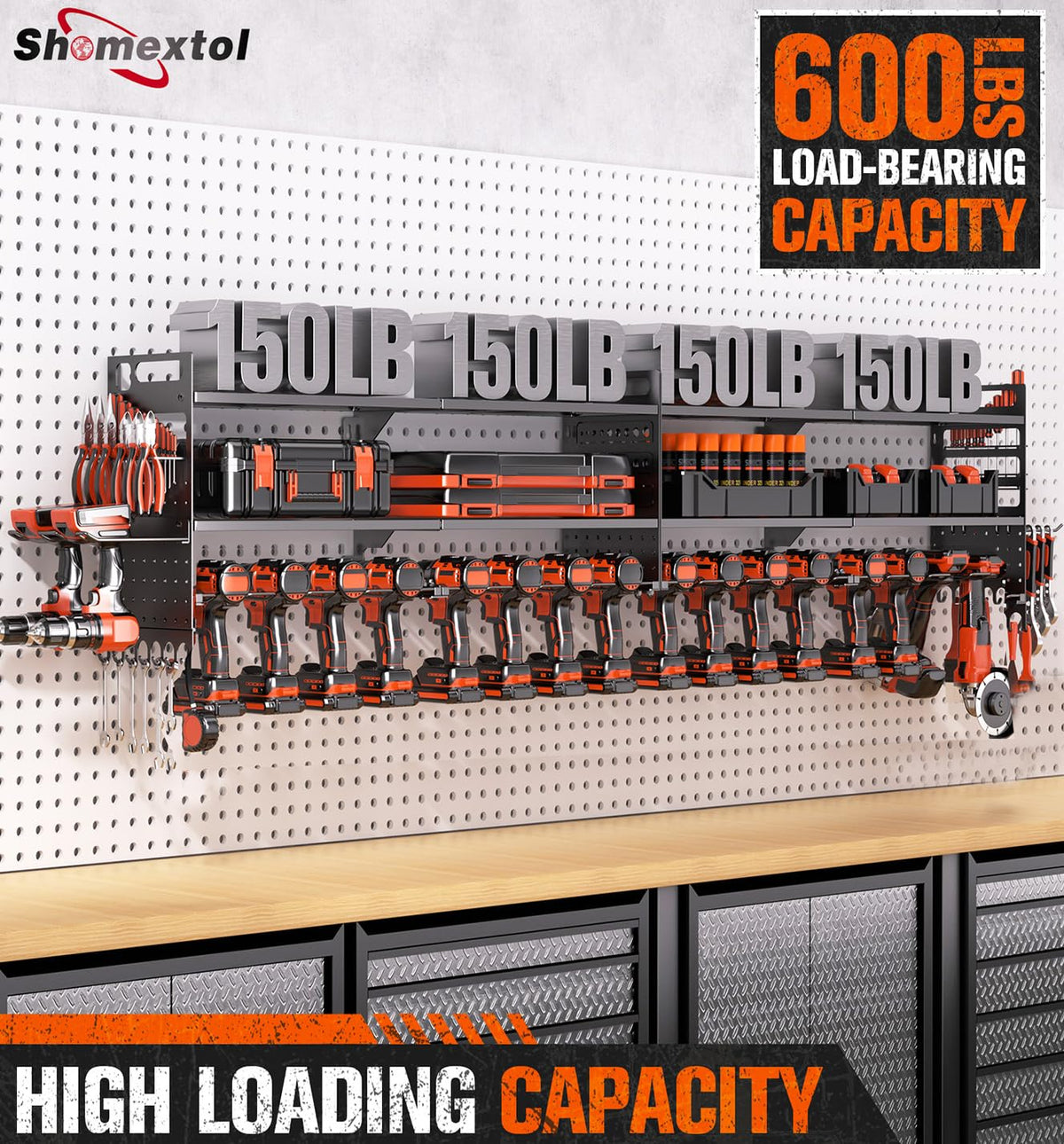 Shomextol heavy-duty tool rack supports up to 600 lbs securely.