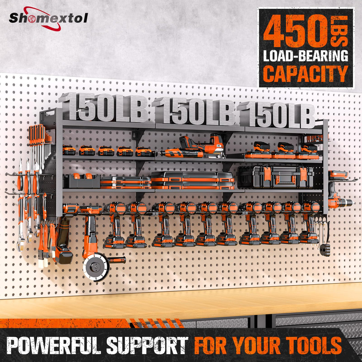 Shomextol perforated panel hanging space for cords and small tools.