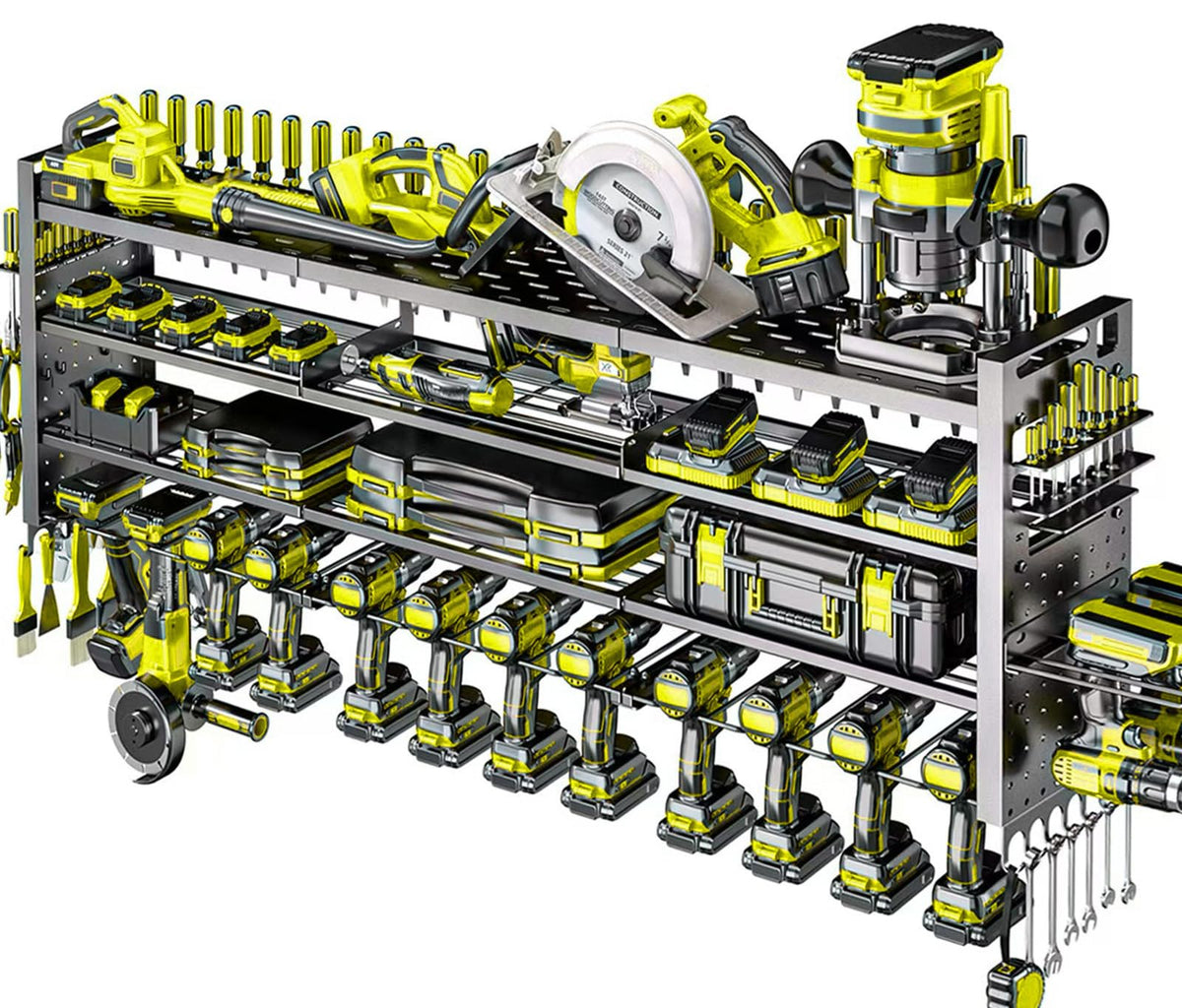Shomextol wall-mount tool organizer front view for organized garage with easy drill access.