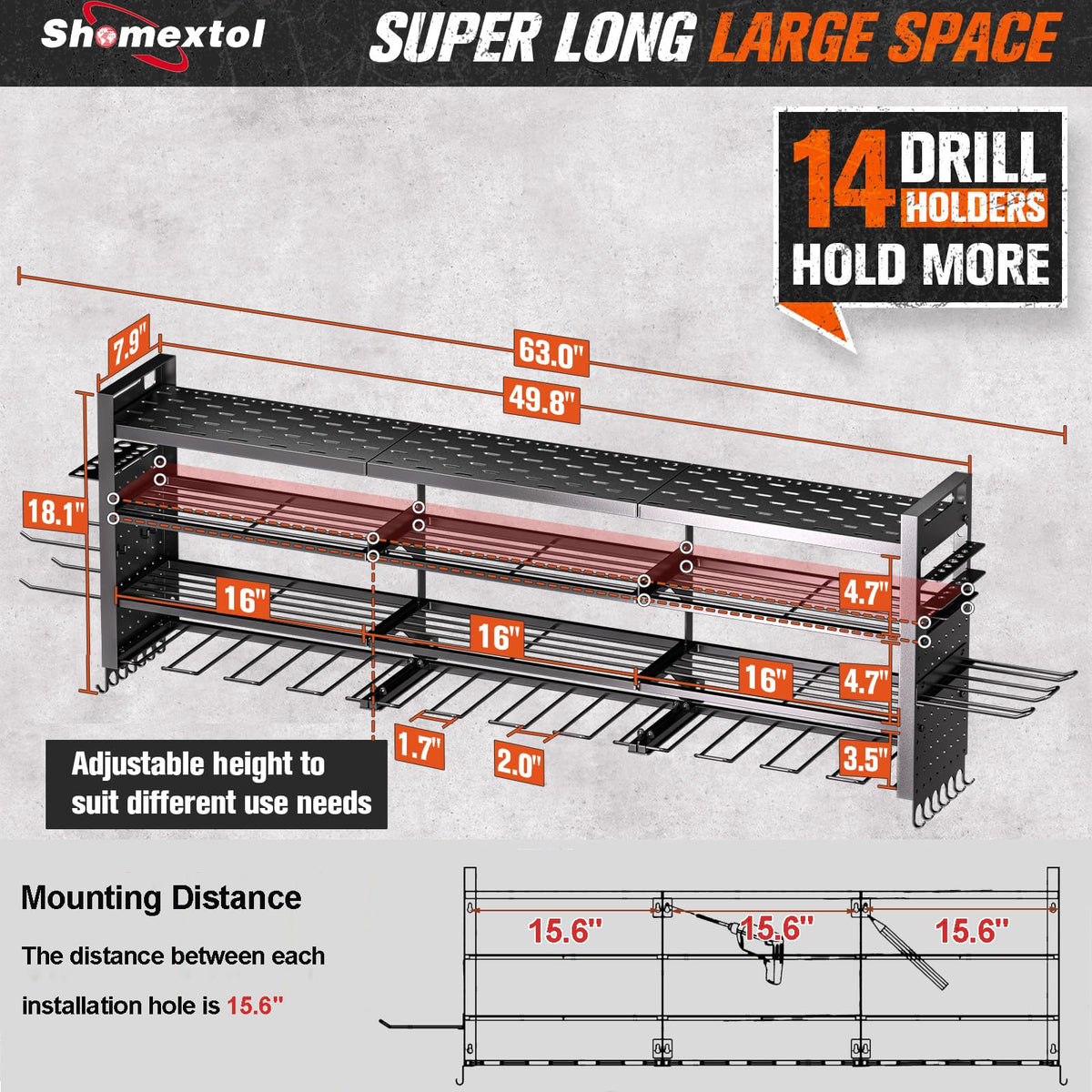 Shomextol wall-mount tool organizer side view showing space-saving wall storage.