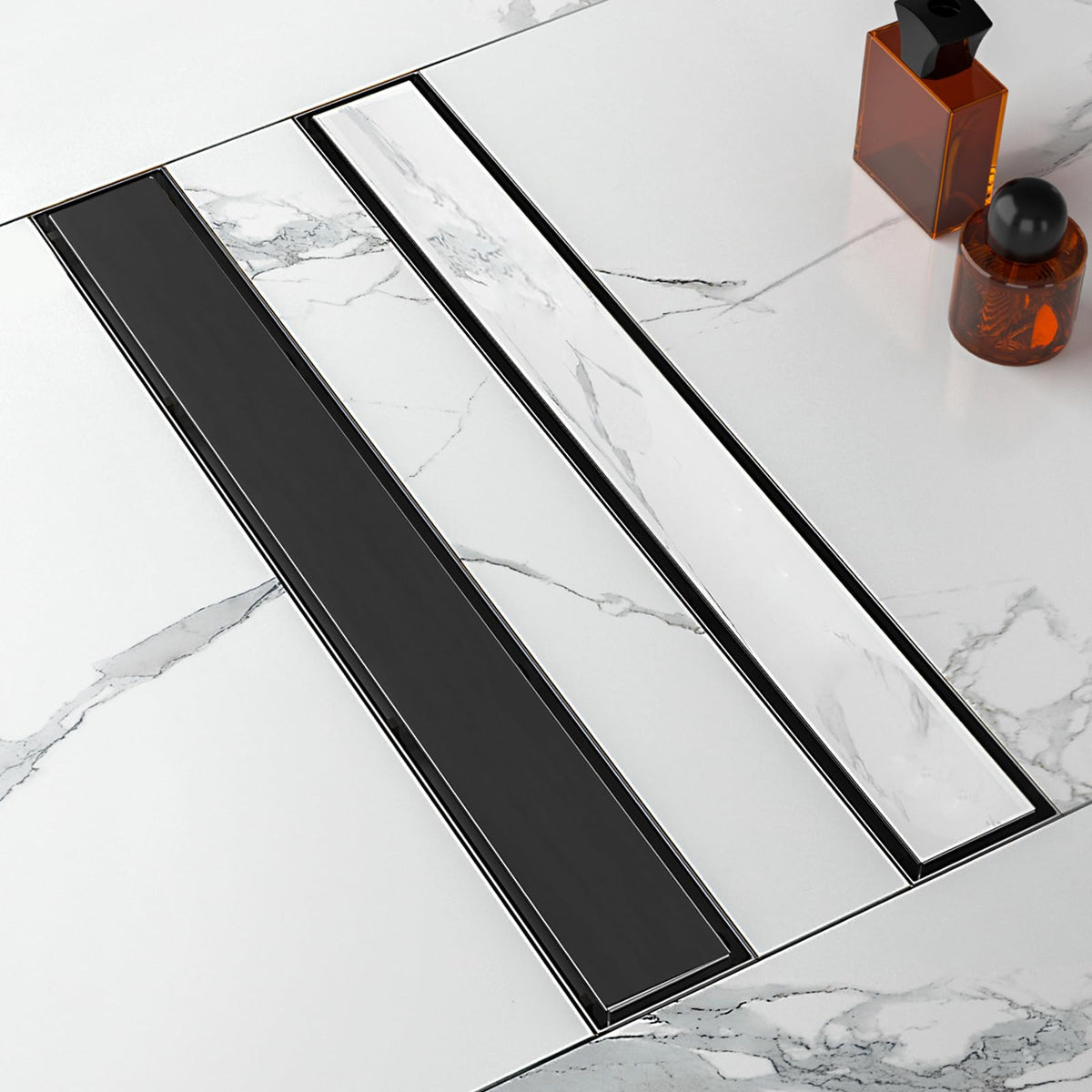 ShootWin 24-inch linear drain with tile insert for seamless tile look and efficient drainage.
