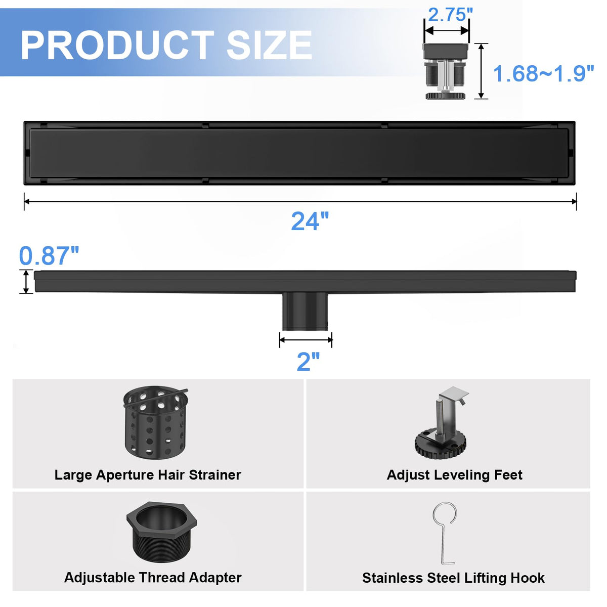 ShootWin matte black linear drain with leveling feet for stable installation.