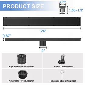 ShootWin matte black linear drain with leveling feet for stable installation.