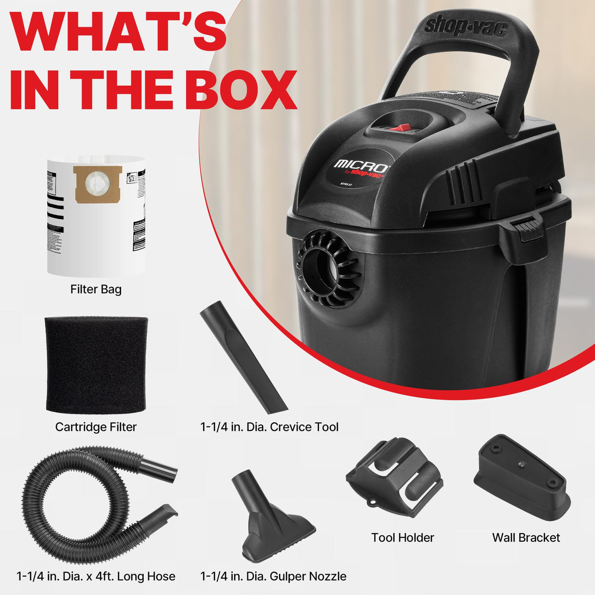 Shop-Vac 6-foot cord and onboard storage for clutter-free setup and transport