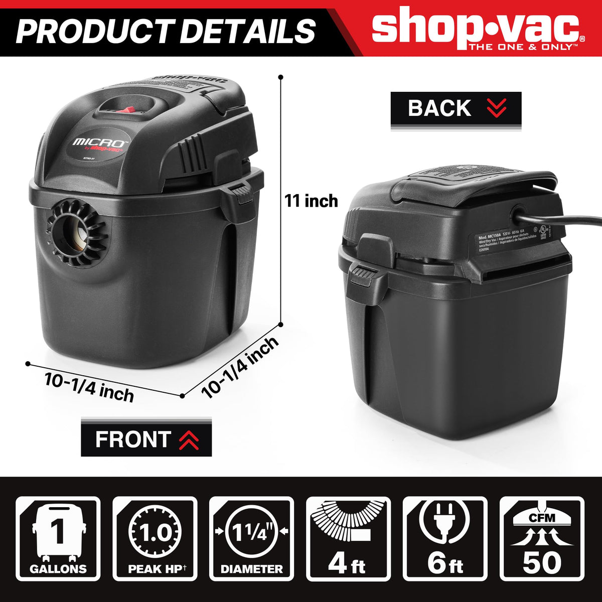 Shop-Vac 1-gallon micro vacuum with hose extended for versatile pickup in tight spaces