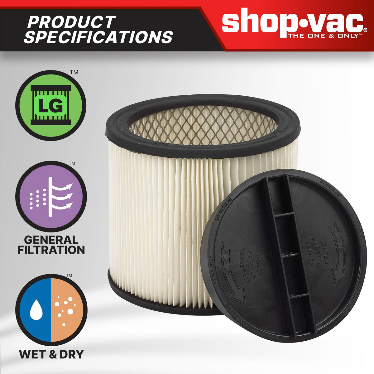 Shop-Vac 2-Pack reusable large cartridge filter close-up highlights durable material for repeated use.