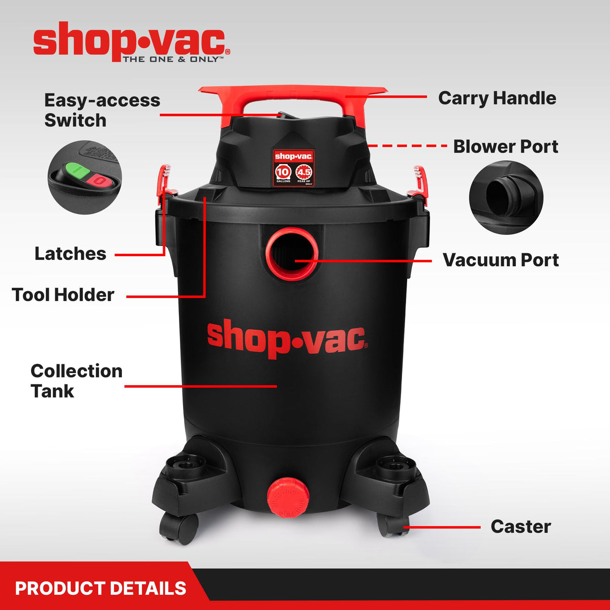 Shop-Vac 5430115 tank and lid with easy-access top for quick emptying.