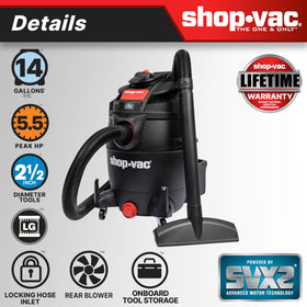 Shop-Vac lid with secure latch and drain simplifies liquid cleanup.
