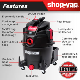 Shop-Vac 14-gallon unit with wheels and on-board storage for easy transport.