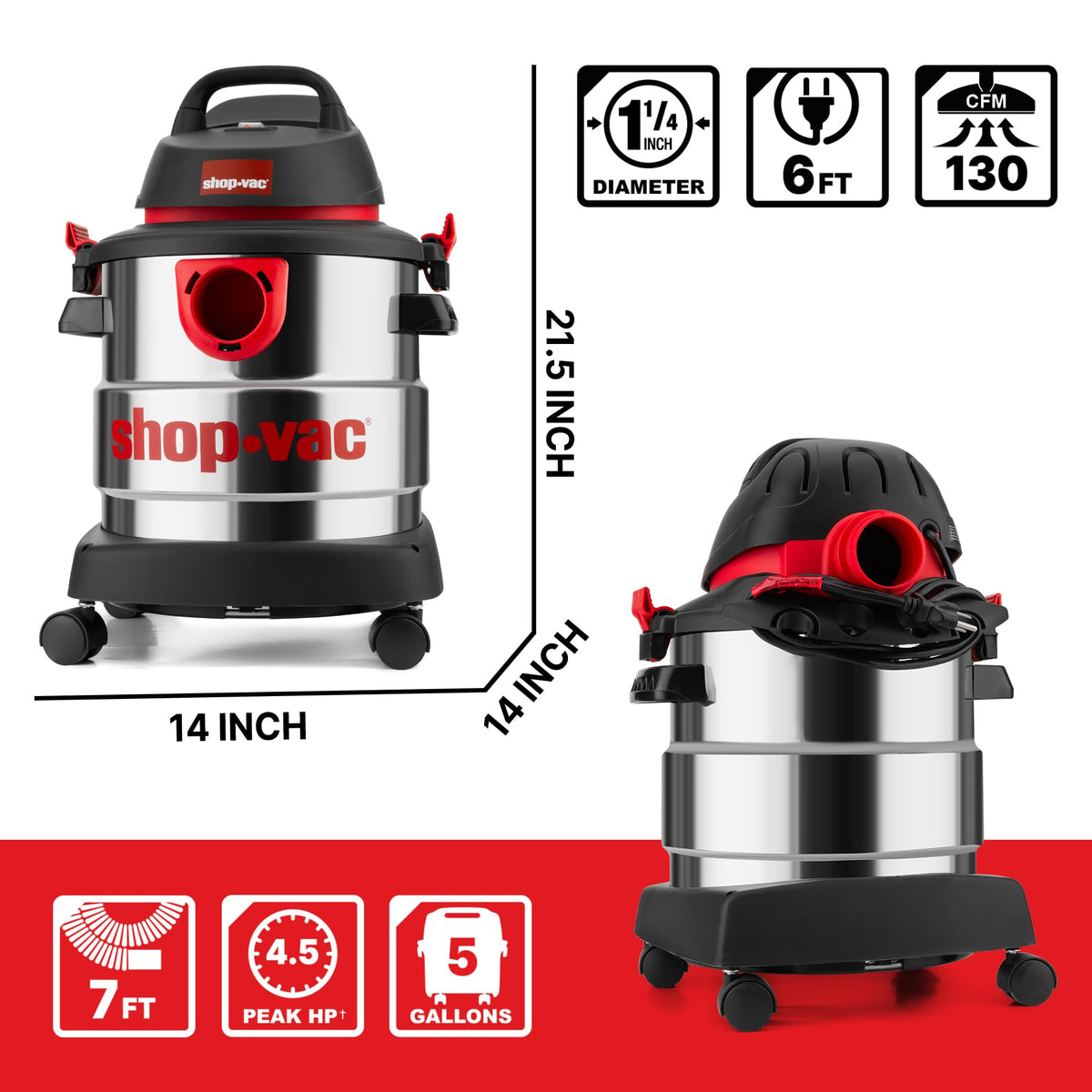 Shop-Vac 5989305 4.5 peak HP motor delivers strong suction for garage and workshop messes.