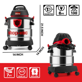 Shop-Vac 5989305 4.5 peak HP motor delivers strong suction for garage and workshop messes.