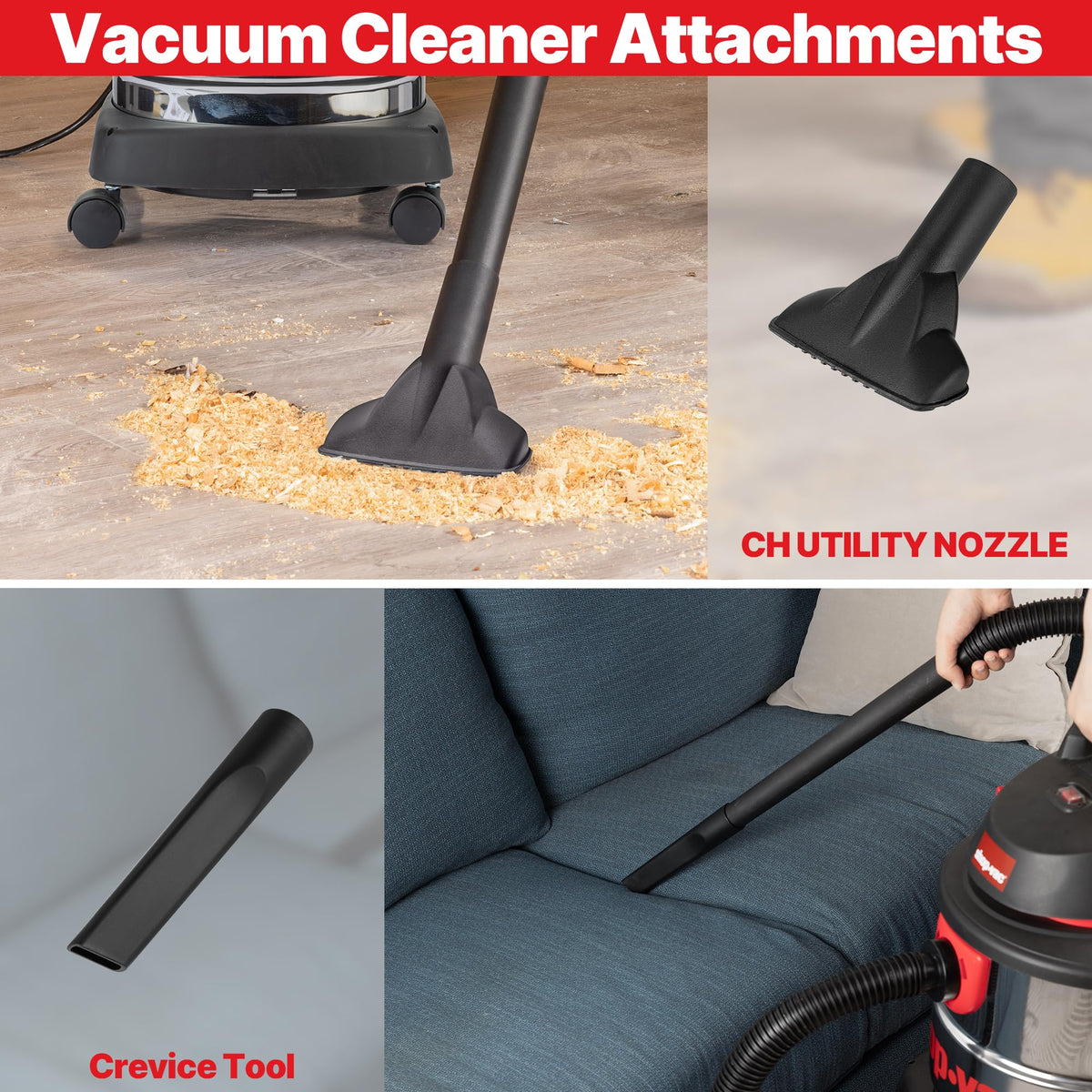 Shop-Vac 5989305 includes crevice tool, gulper, and floor nozzle for versatility.
