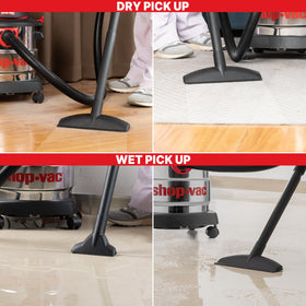 Shop-Vac 5989305 portable dolly and handles enable easy transport around jobsite.