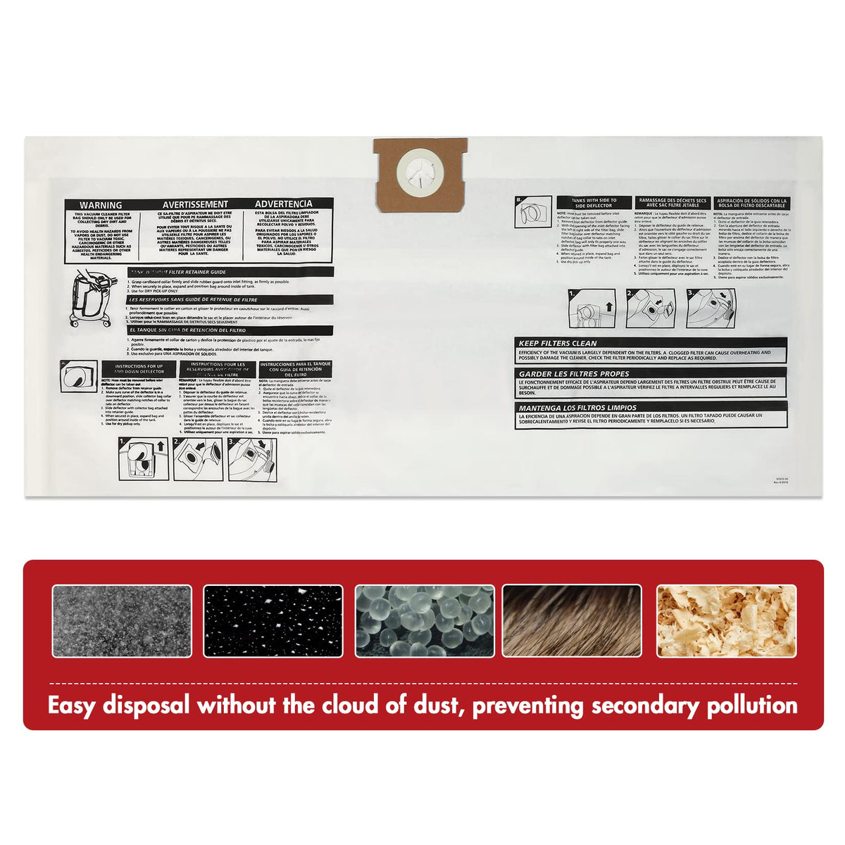 Shop-Vac 90663 easy-disposal bag reduces dust during bag change.