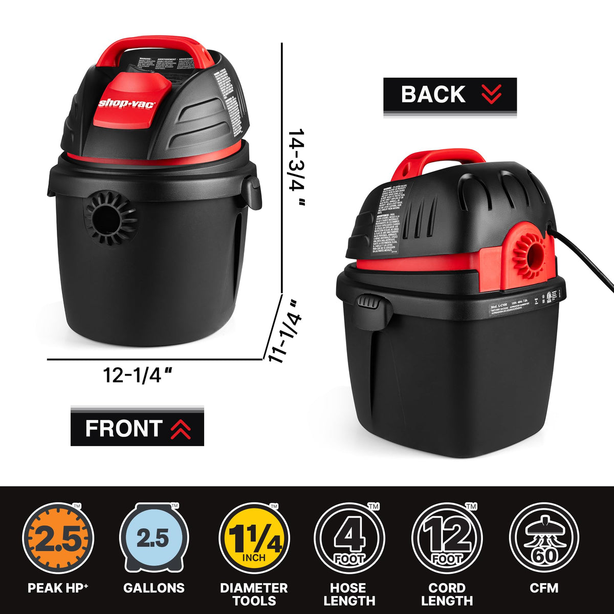 Shop-Vac 9303511 12 ft cord allows flexible use away from outlets.