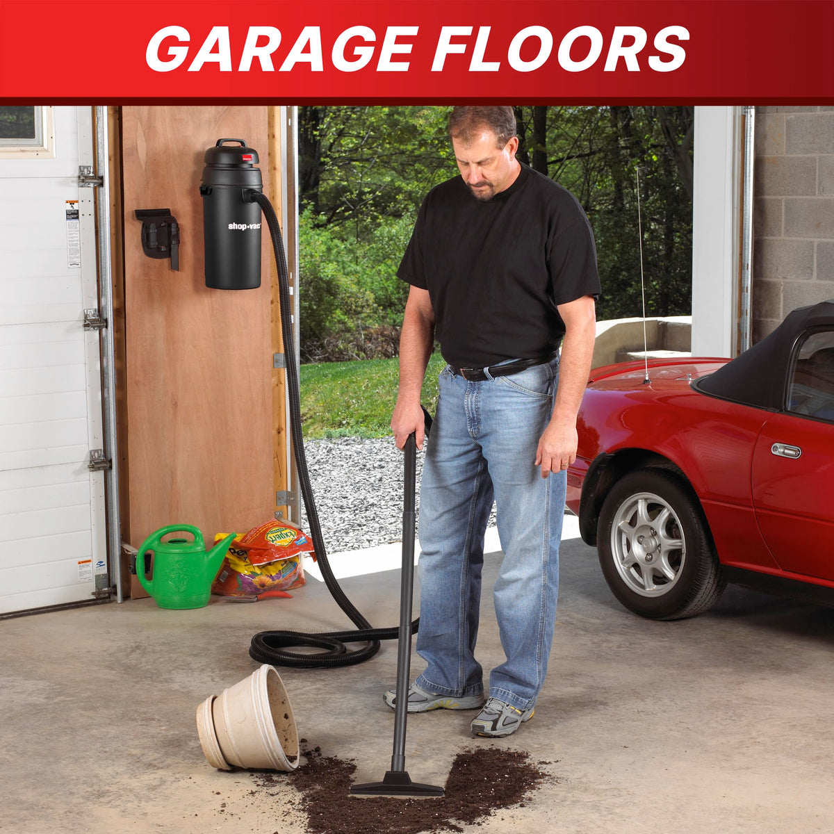 Shop-Vac 9522205 wall-mount design saves space in workspace.
